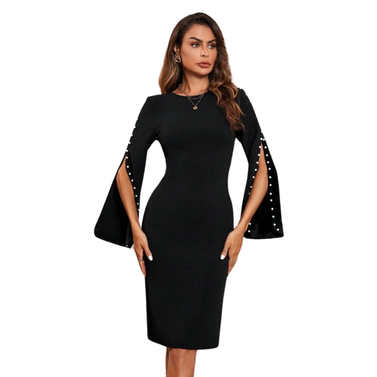NEGRELI - Vestido Negro Elegante con Mangas Abiertas y Perlas