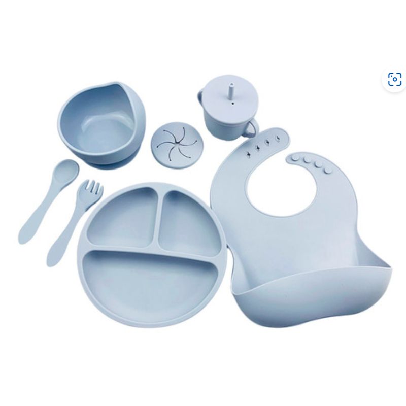 BEBESIT - Set Vajilla Para Bebé 5 Piezas ONE PIXEL Silicona Libre BPA AZUL