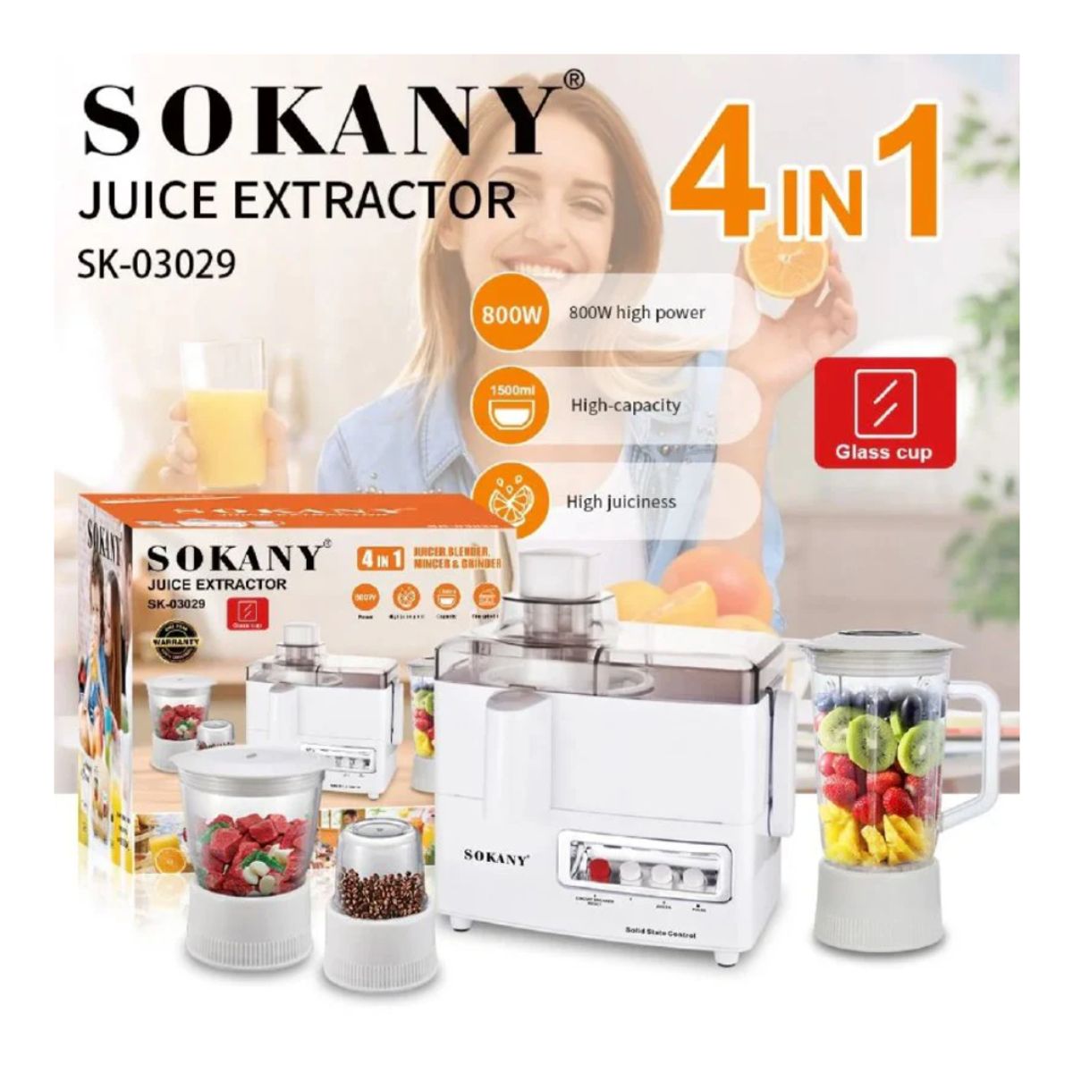 SOKANY - MAQUINA EXTRACTOR DE JUGO 4 EN 1, SK-03029 Sokany