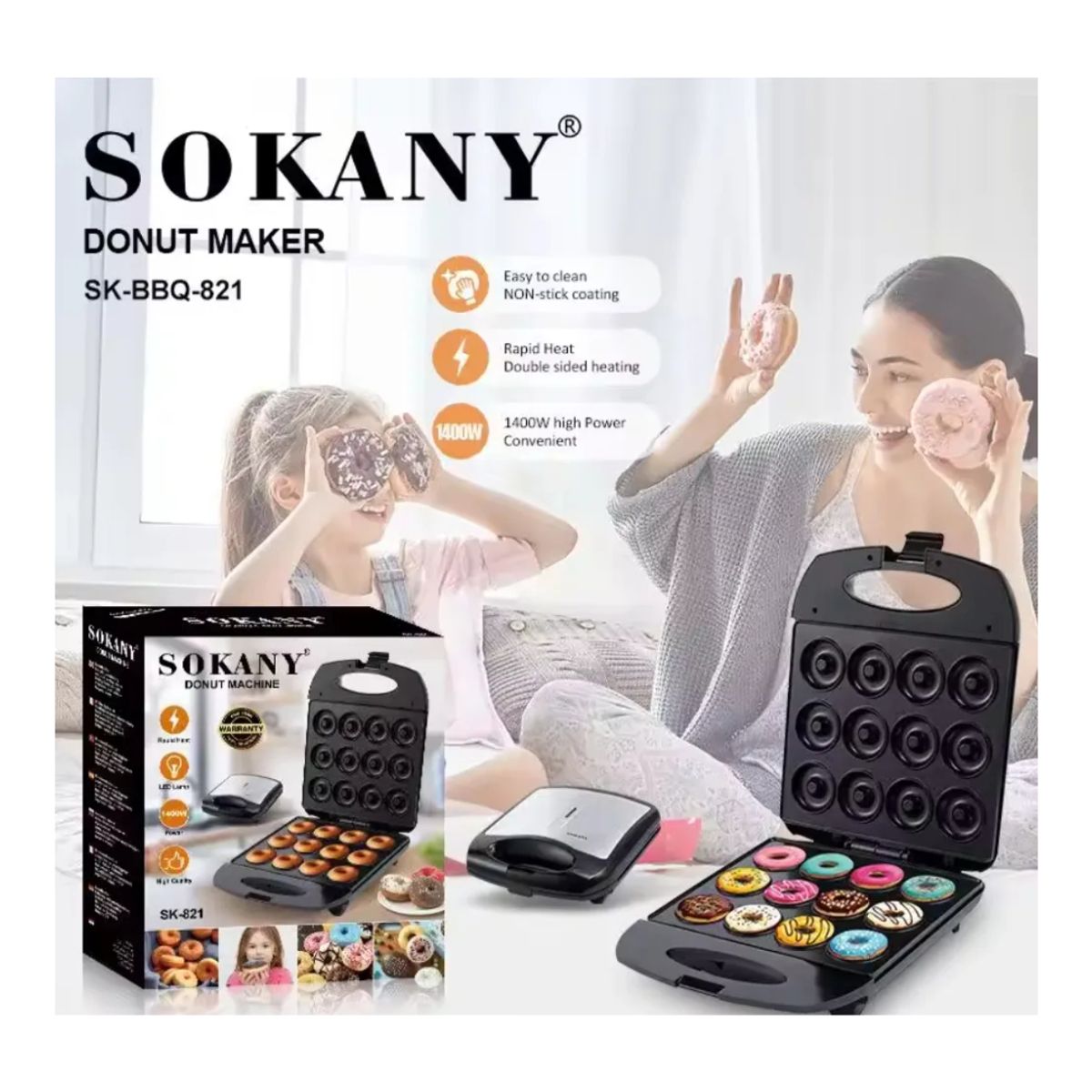 SOKANY - Maquina Mini Donas 12 Puestos Antiadherente Sokany