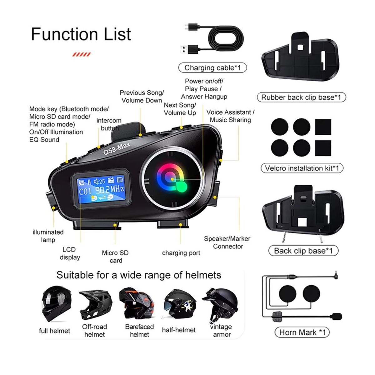 GENERICO - Intercomunicador Para Moto Rgb Música Bluetooth Radio