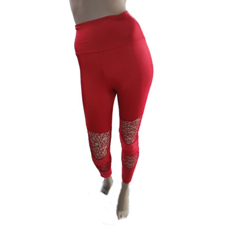 VIA7 - Leggins de moda  talle alto rojo con malla en las piernas