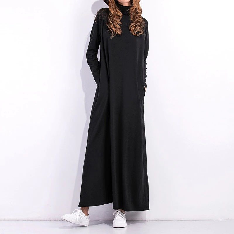 VIA7 - Vestido largo suelto manga larga cuello alto bolsillos
