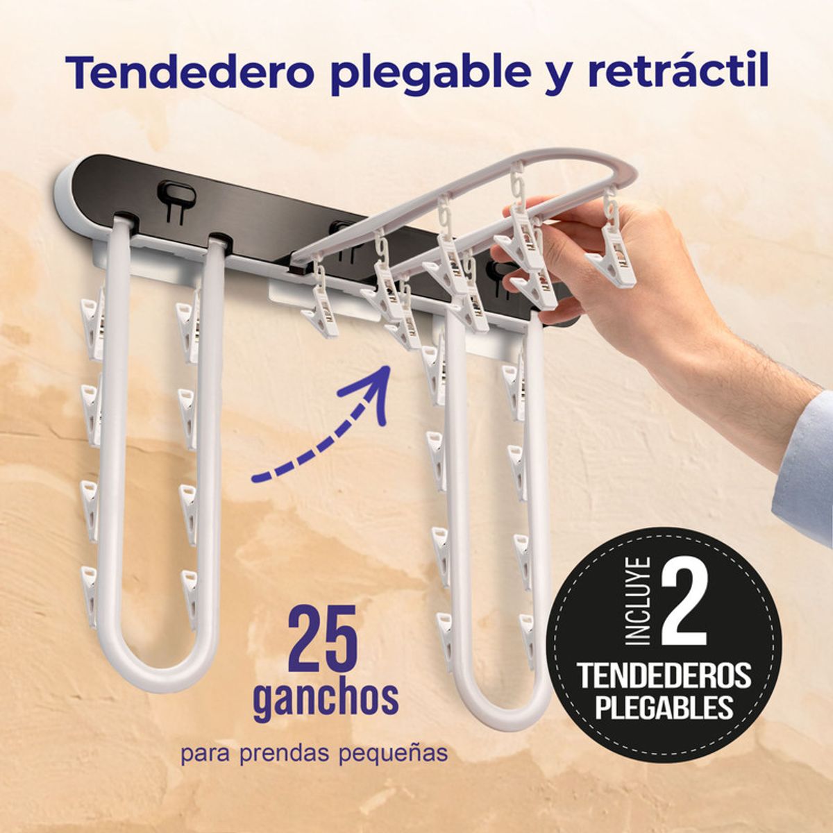 ENERGY PLUS - Set x2 Tendedero Ropa Plegable de Pared - Espacios Pequeños