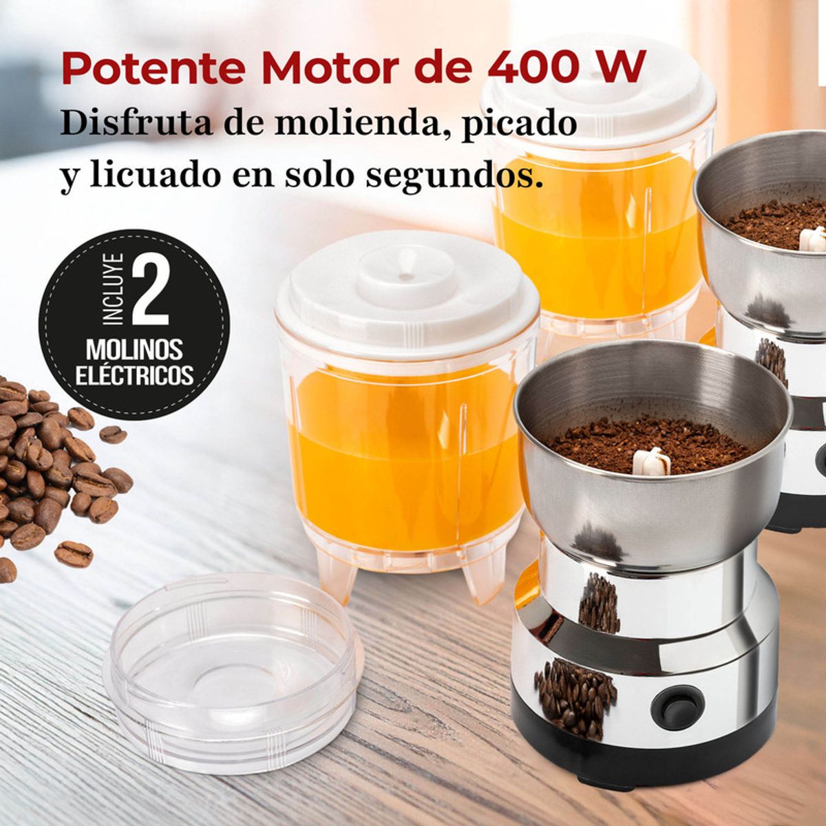 CHEF MASTER - Set x2 Molino de Café y Picadora Eléctrica 2 en 1 400W Acero