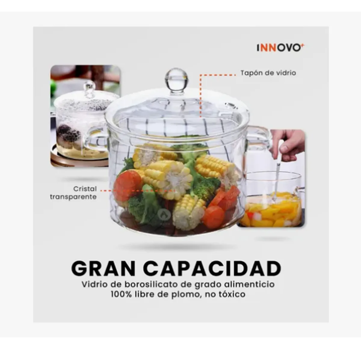 INNOVA - Olla De Vidrio Templado 1500 Ml Transparente Para Altas Temperaturas