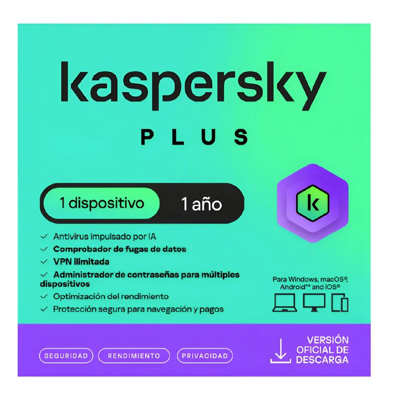 KASPERSKY - Antivirus Kaspersky Plus 1 Disp 1 Año + VPN Ilimitada ESD