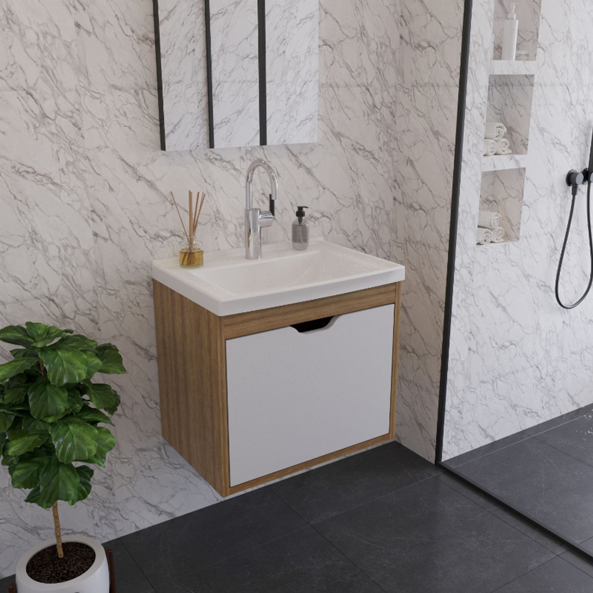 MUEBLES 2020 - Mueble de baño con lavamanos Graz AlmendraBlanco