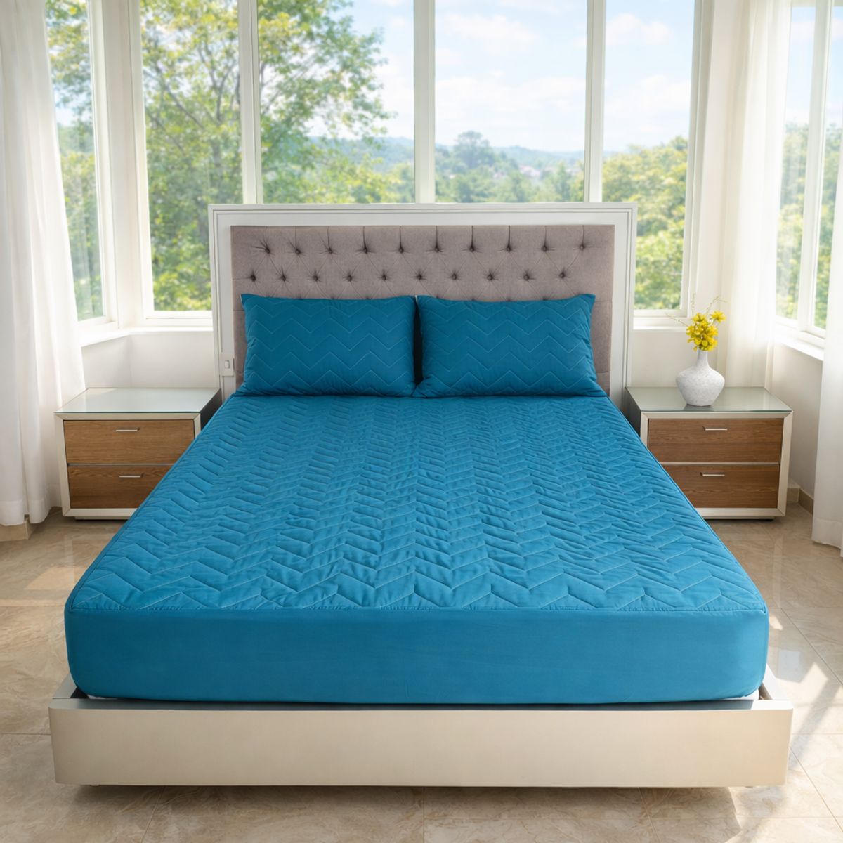 HOGARETO - Protector Colchón Cama Queen + 2 Fundas de Almohada  Color Turquesa