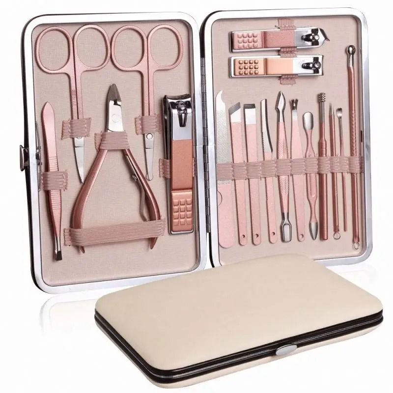 GENERICO - KIT SET JUEGO PEDICURE MANICURE CORTAUÑAS ACERO INOXIDABLE X 18-ROSA