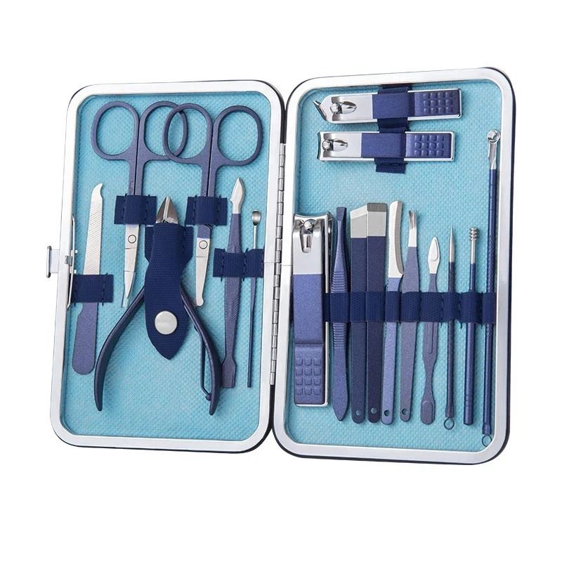 GENERICO - KIT SET JUEGO PEDICURE MANICURE CORTAUÑAS ACERO INOXIDABLE X 18-AZUL