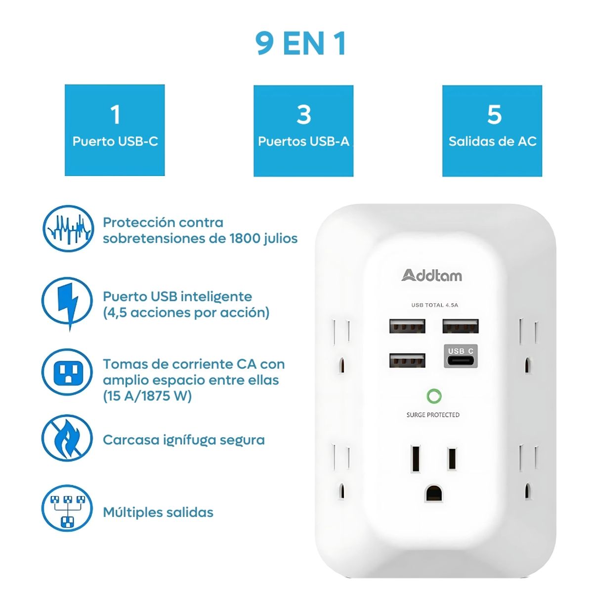 GENERICO - Extensión Regleta Multitomas One Beat Usb C A Protector