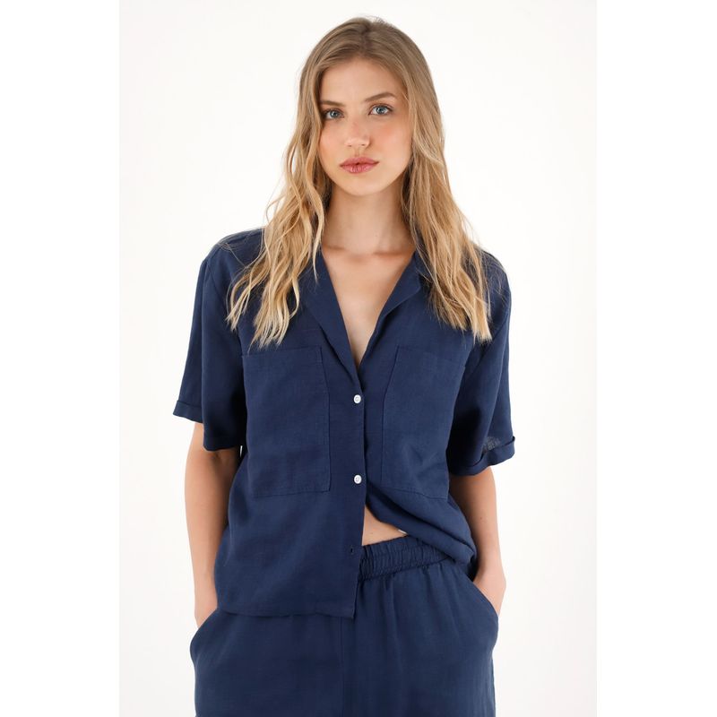 TENNIS - Camisa azul en 100% lino manga corta para mujer