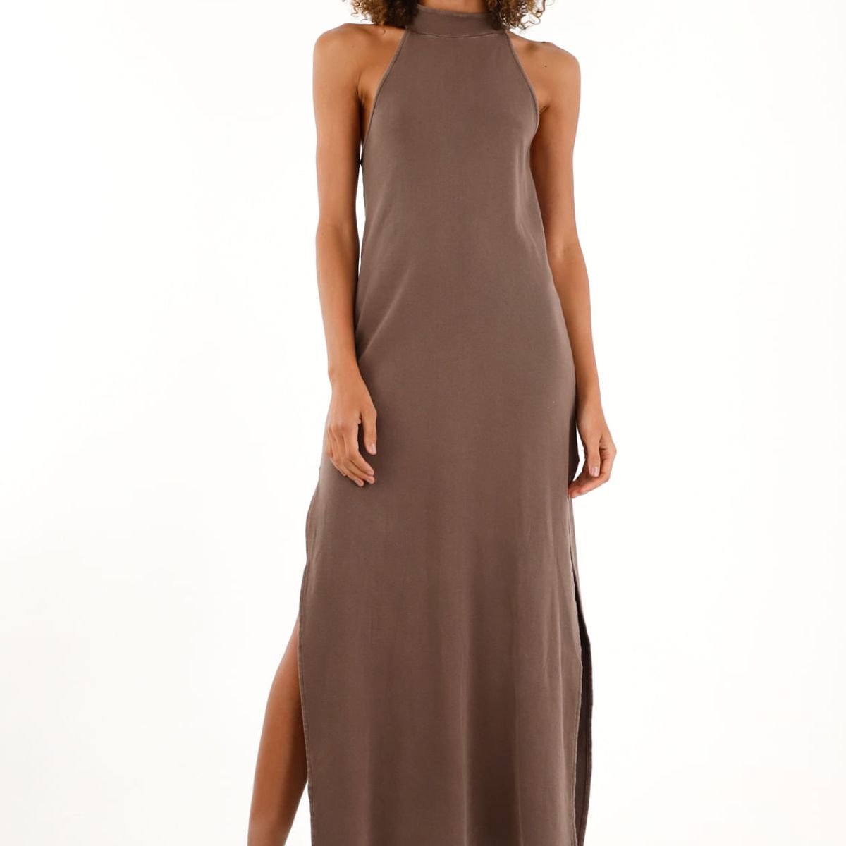 TENNIS - Vestido café largo en rib para mujer