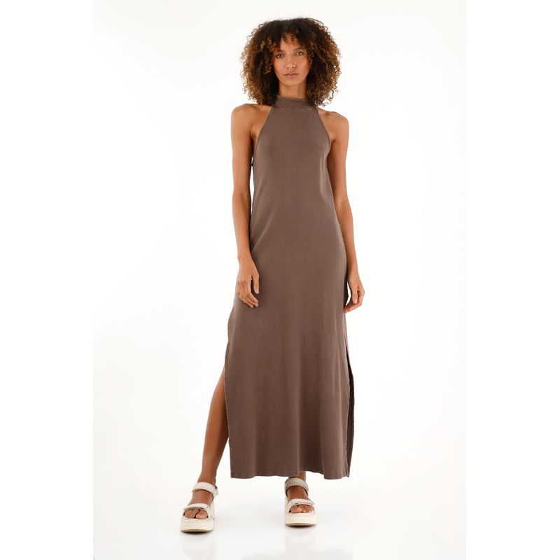 TENNIS - Vestido café largo en rib para mujer