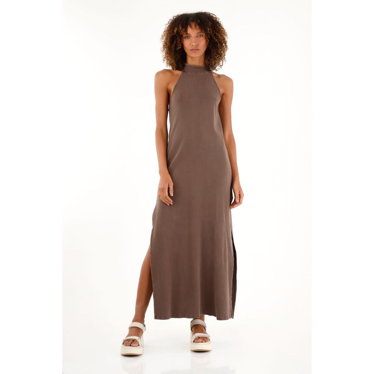 TENNIS - Vestido café largo en rib para mujer