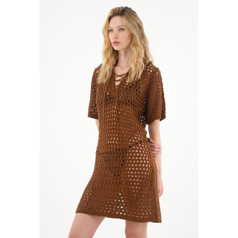 TENNIS - Vestido corto tejido café para mujer