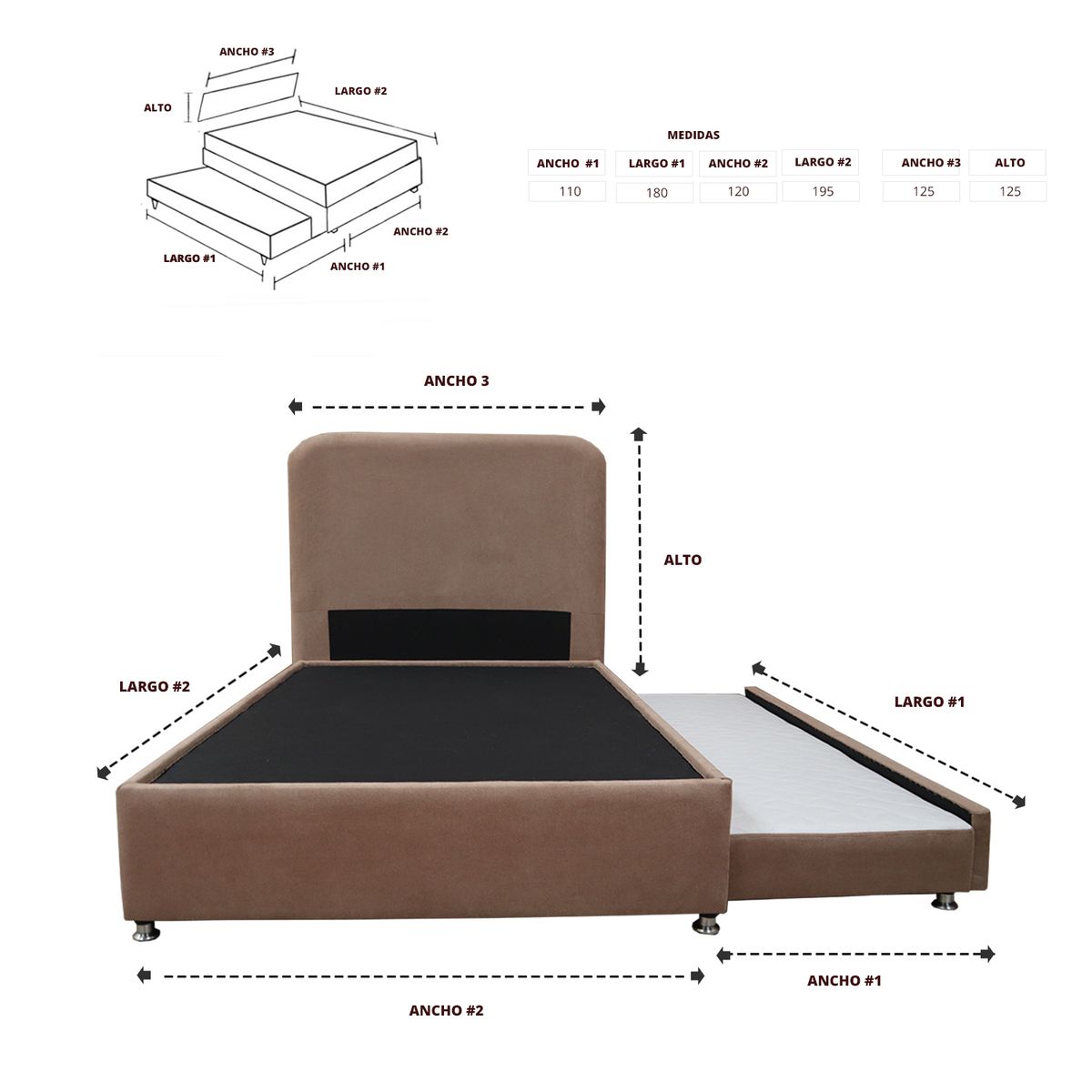 GENERICO - Cama Tarima Nido Comfort 120 Semidoble más Espaldar Camel