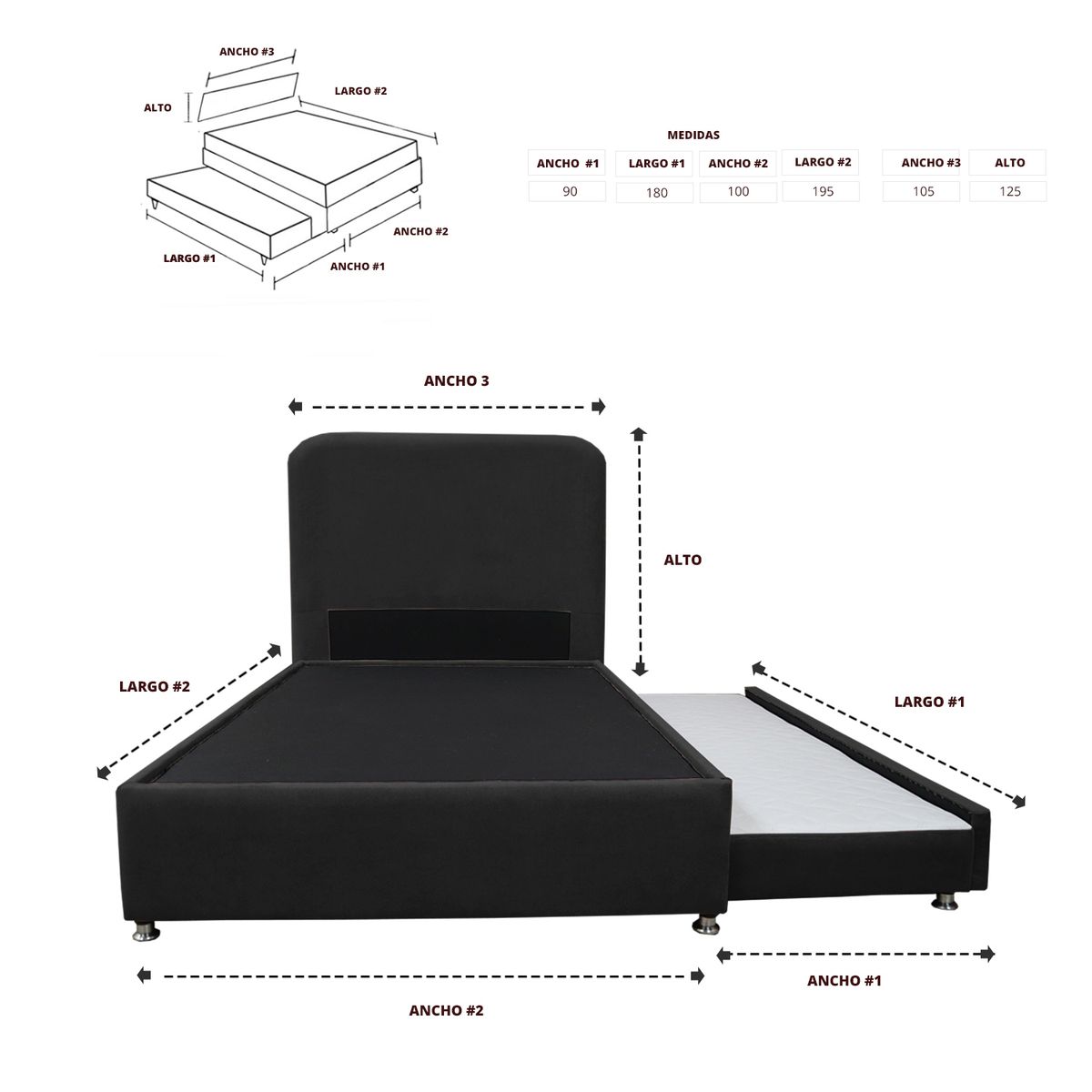 GENERICO - Cama Tarima Nido Comfort 100 Sencillo + Espaldar Negro
