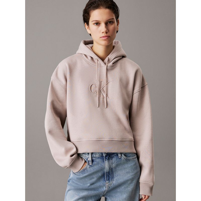 CALVIN KLEIN - Buzo beige holgado con capota y monograma Calvin Klein
