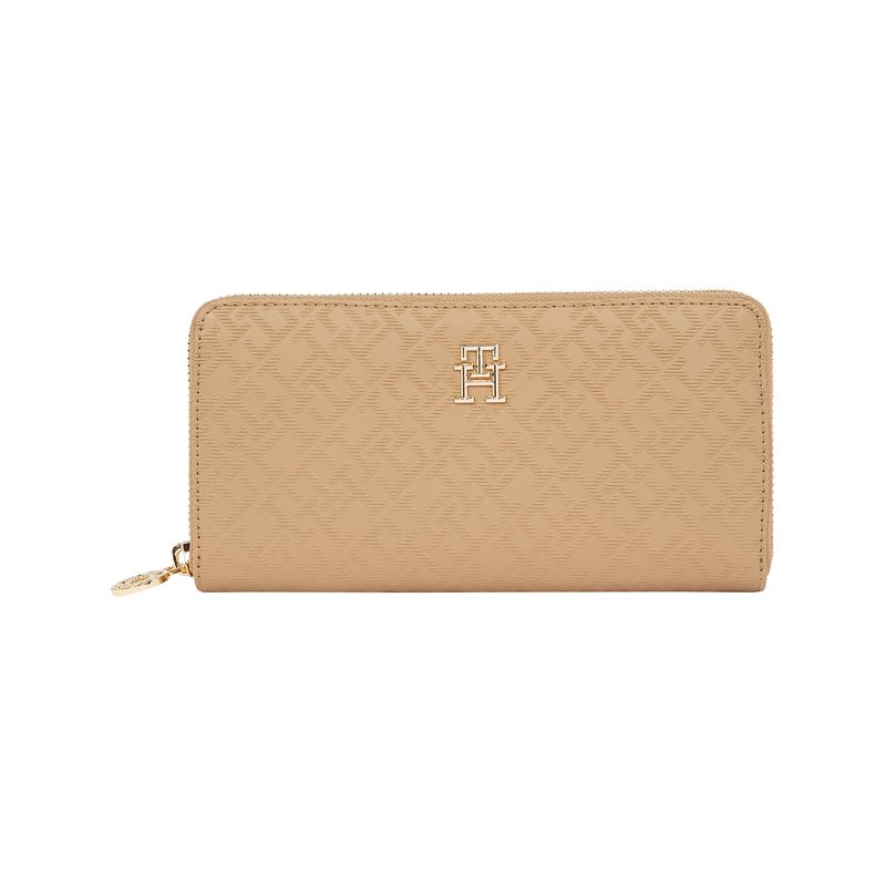 TOMMY HILFIGER - Billetera beige con monogramas TH y cremallera Tommy Hilfiger