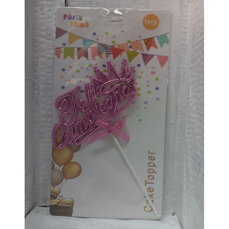 GENERICO - topper metalizado feliz cumpleaños rosa