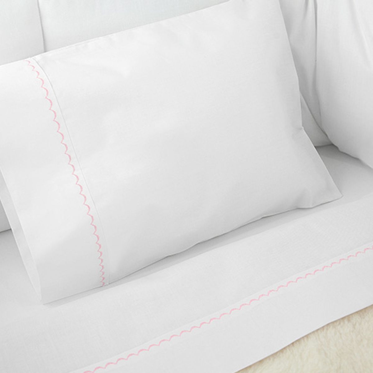 LILE - Juego de Sábanas Blanco para Cunas Borde Rosado