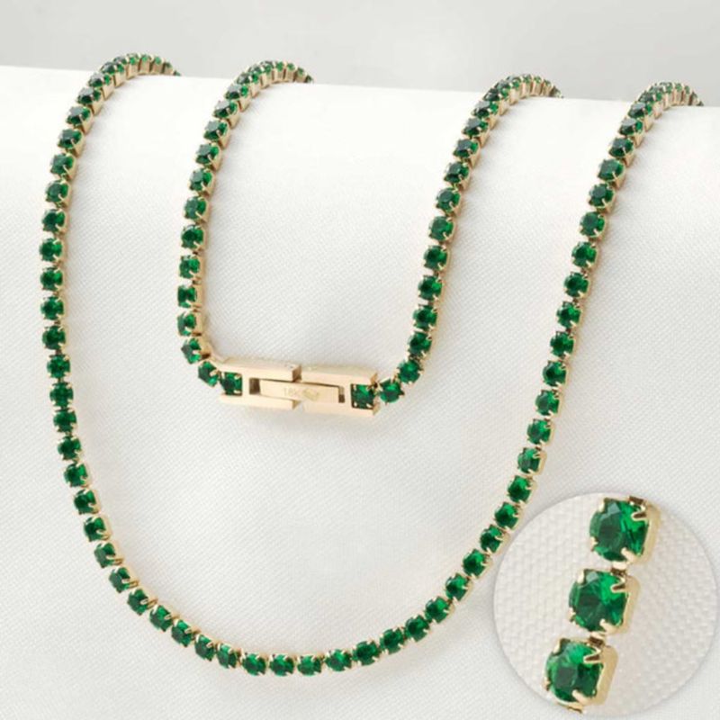 GLEAM GOLD - Cadena Collar Oro Laminado 18K Tejido Tennis 3 MM 65 CM Piedras Verdes