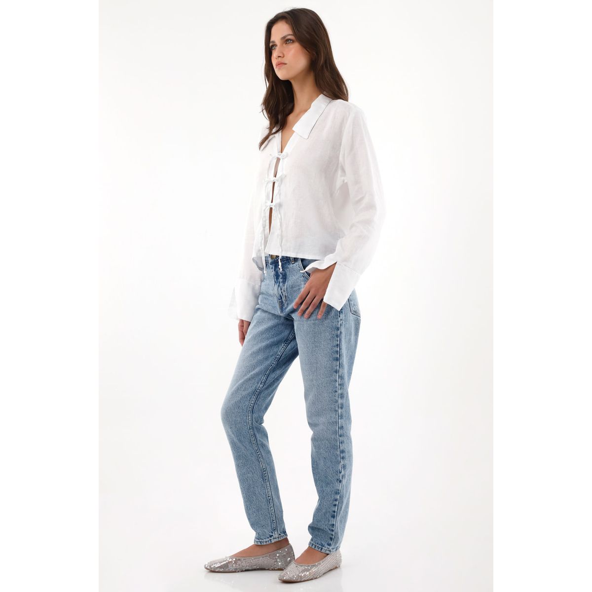 TENNIS - Camisa en 100% lino con tiras que anudan en frente blanca para mujer