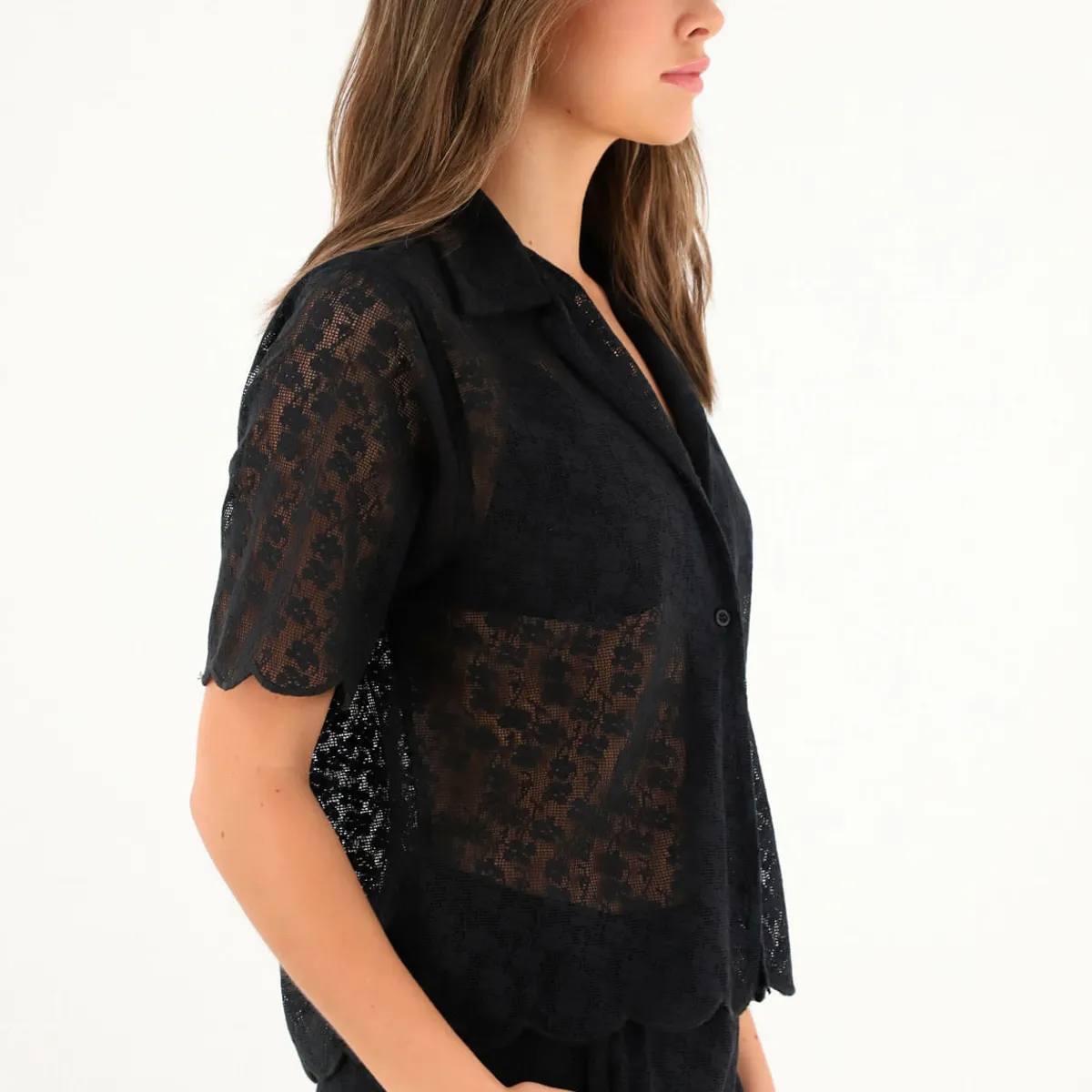 TENNIS - Camisa tipo bowling en encaje negra para mujer