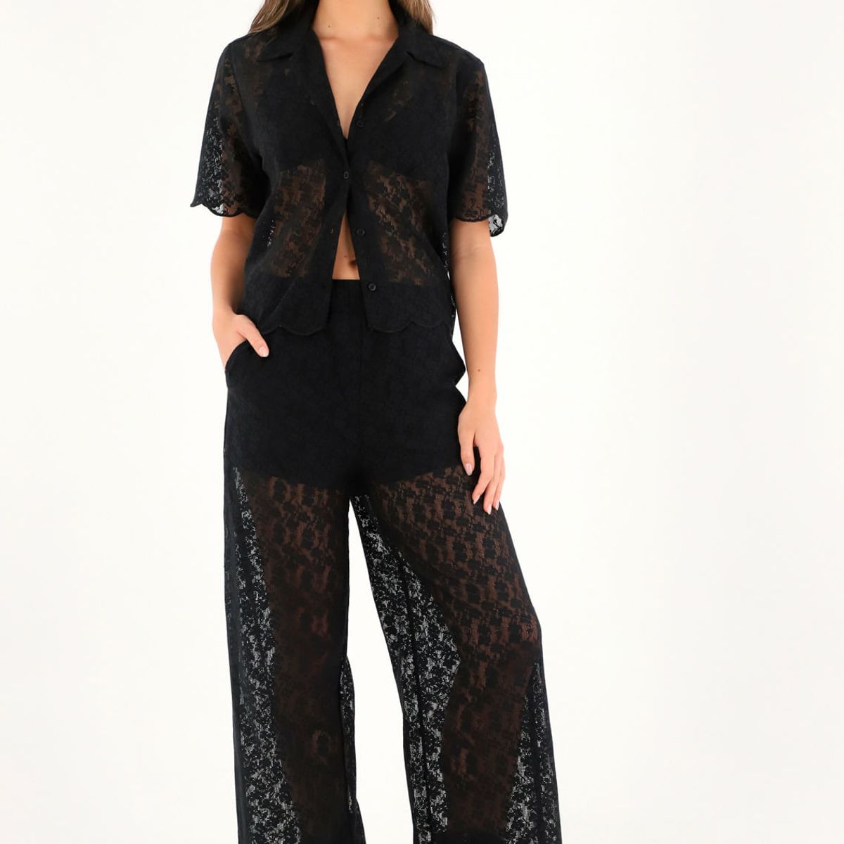 TENNIS - Camisa tipo bowling en encaje negra para mujer