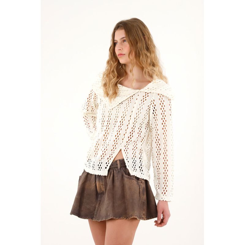TENNIS - Buzo crudo tipo malla con cuello de solapa para mujer