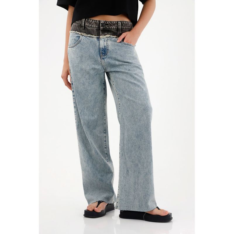 TENNIS - Jean Wide Leg de tiro alto con pretina en contraste para mujer