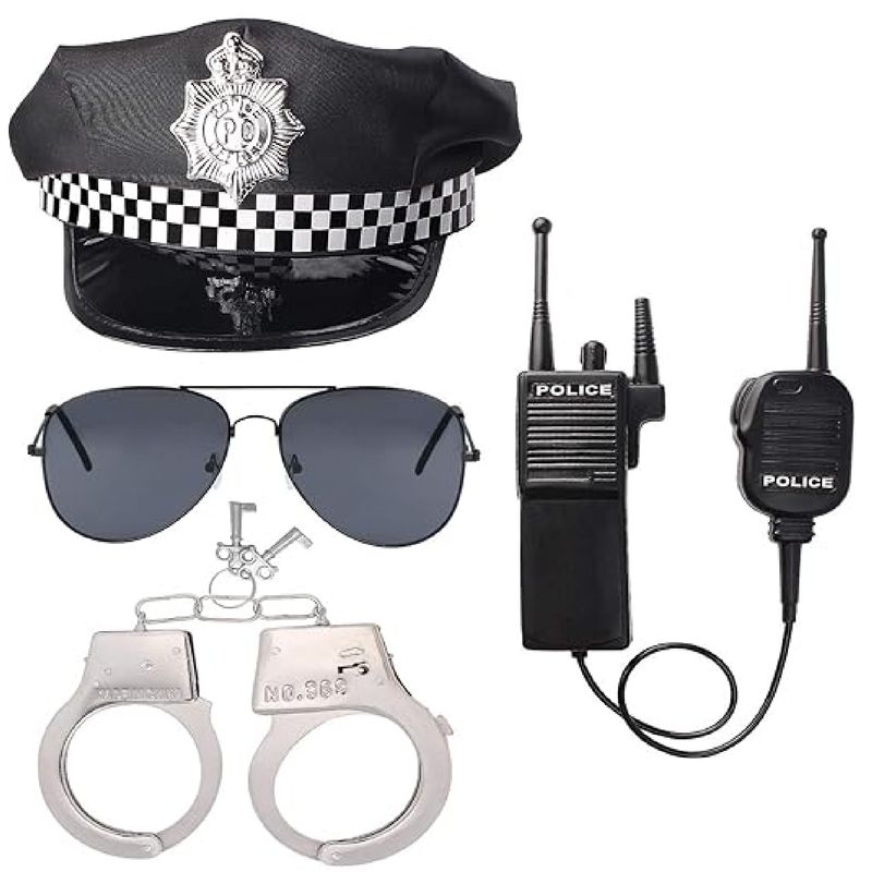 GENERICO - Disfraz Policía Kepis, Gafas, Esposas, Radio 4 Piezas