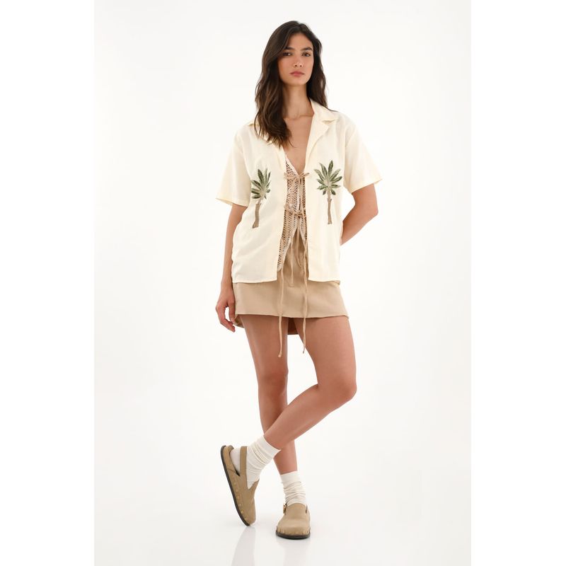 TENNIS - Camisa tipo bowling con bordado de palmeras para mujer