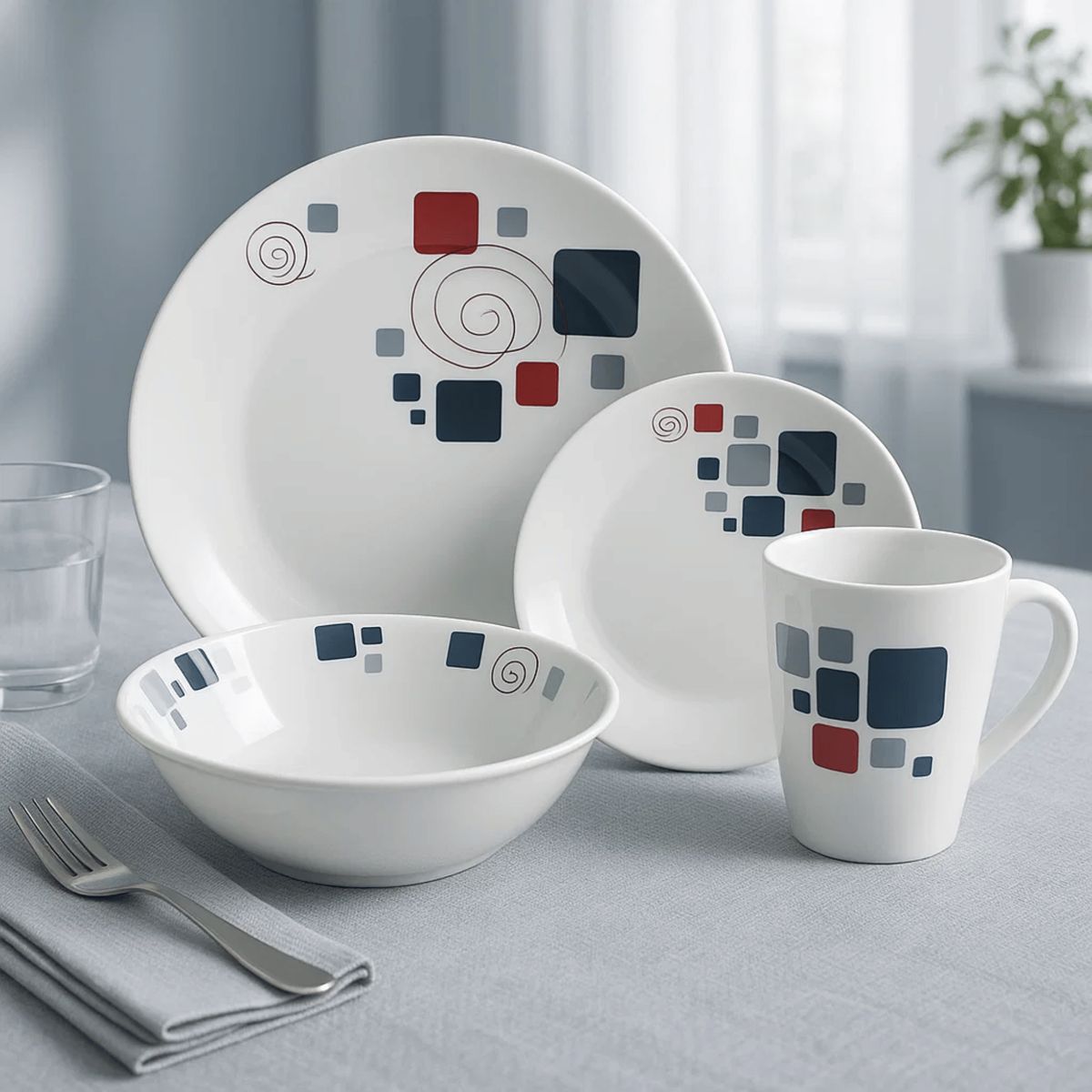 KITCHENWARE - Vajilla 16 Piezas en Melamina con Diseño de Cuadros Clásica
