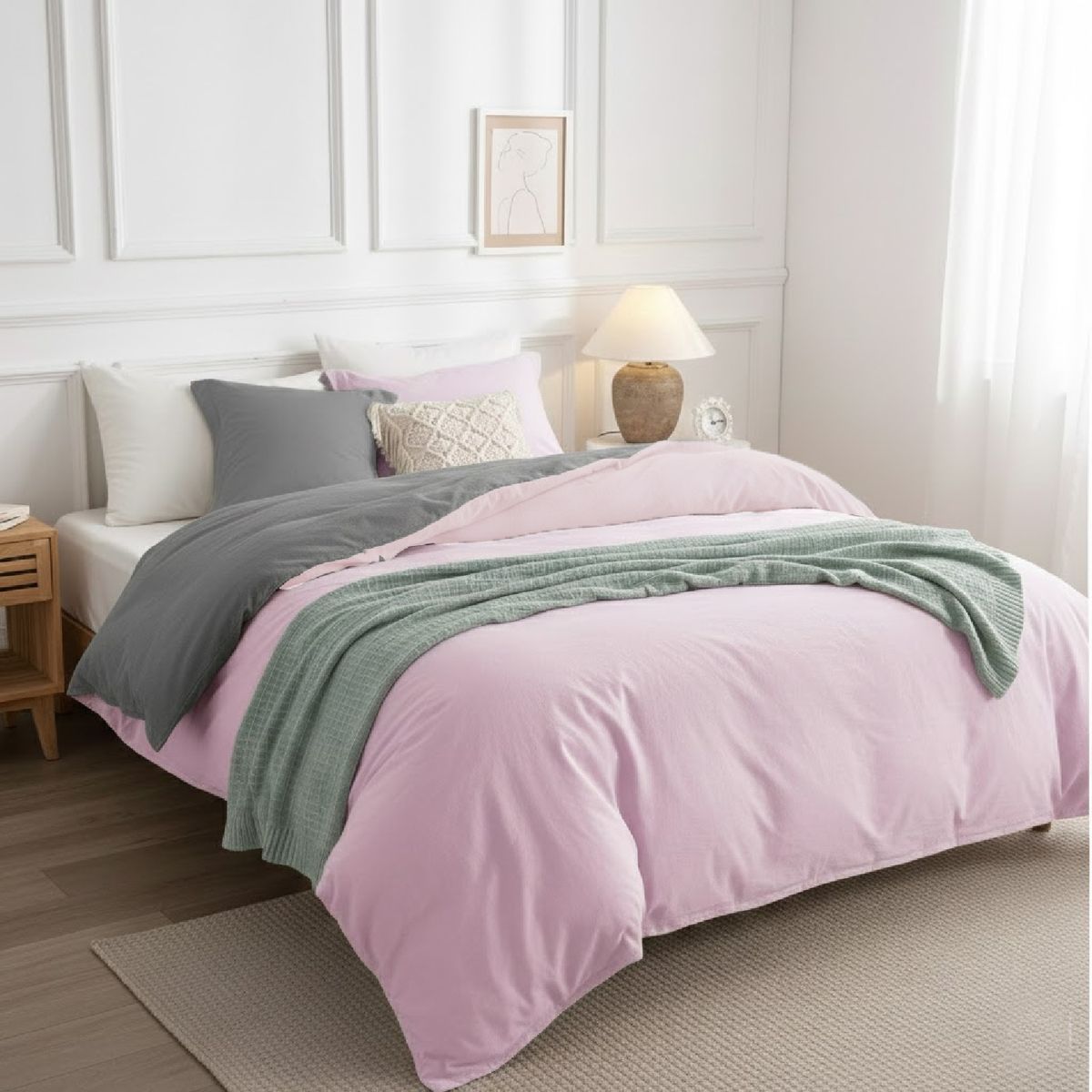 MY HOME STORE - Funda Duvet Cover Rosado- Gris Claro Sencillo
