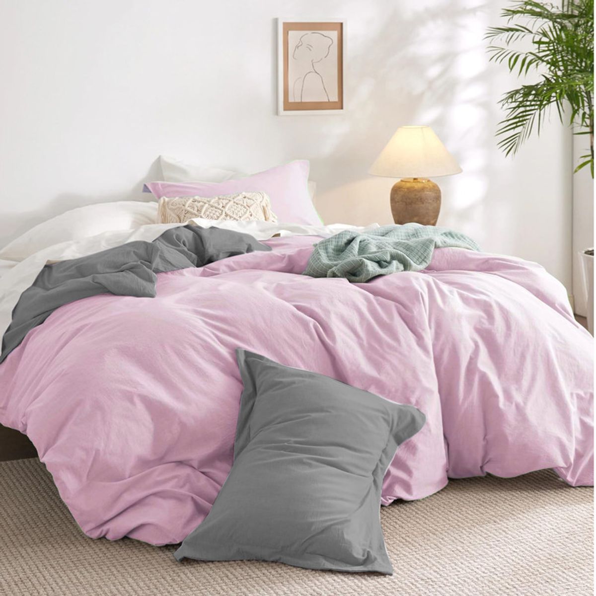 MY HOME STORE - Funda Duvet Cover Rosado- Gris Claro Sencillo
