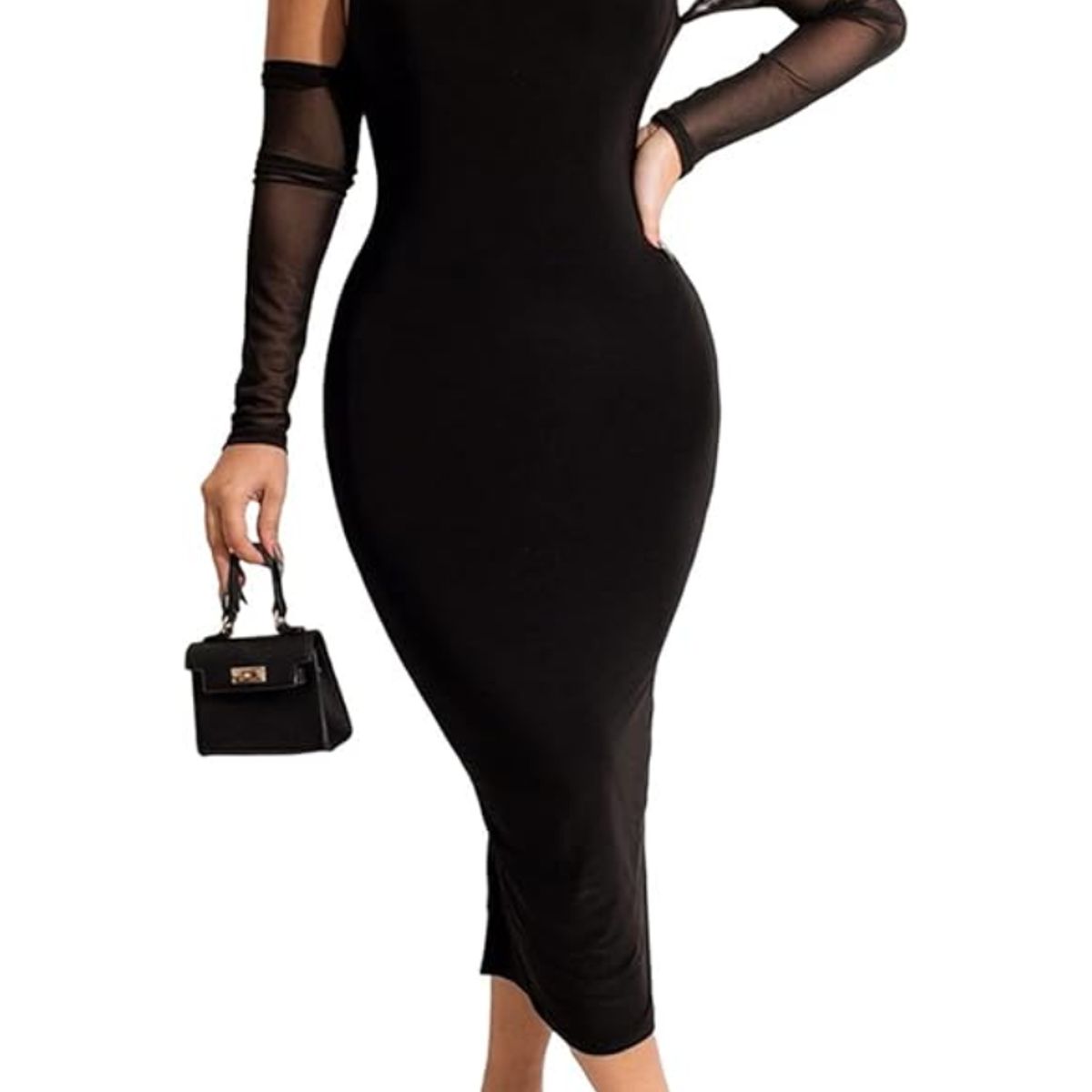 NEGRELI - Vestido Negro  NEGRELI con Mangas Transparentes – Corte Midi Ajustado