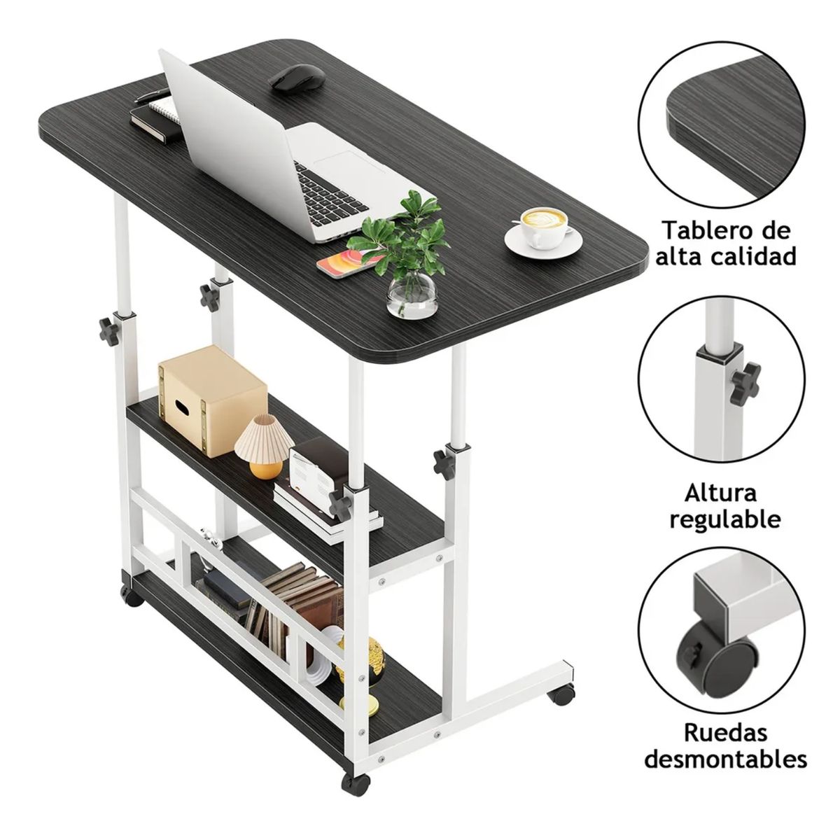 GENERICO - Mesa Escritorio Plegable 3 Niveles computadores Móvil Multiusos Negra