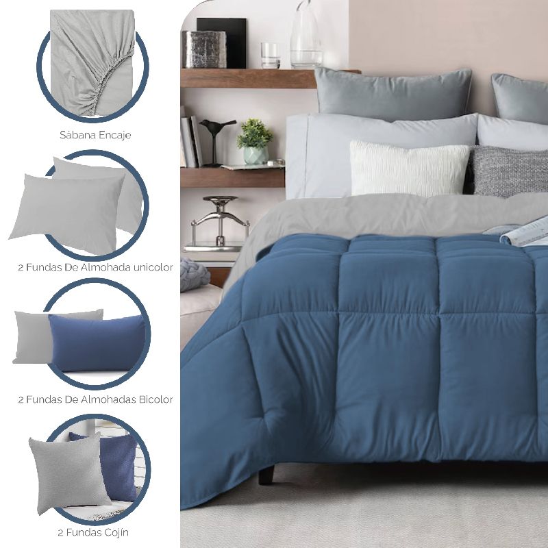 MY HOME STORE - Combo Cover 8 piezas - Azul Gris Sencillo