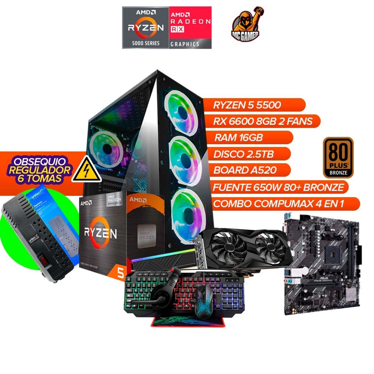 AMD - PC Gamer Ryzen 5 5500 / RX 6600 8GB / 16GB RAM / Disco 2.5TB / 650W BRZ