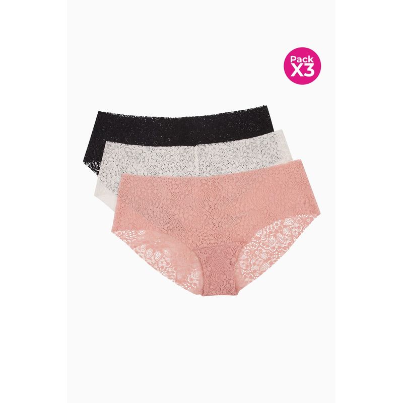 LILI PINK - Panty paq x3 hipster en encaje con corte lasér
