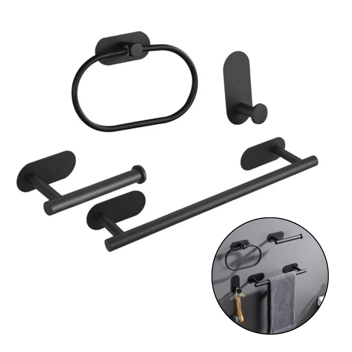 GENERICO - Set Juego Accesorios Baño Acero Negra Cepillada 4 Piezas Adhesiva