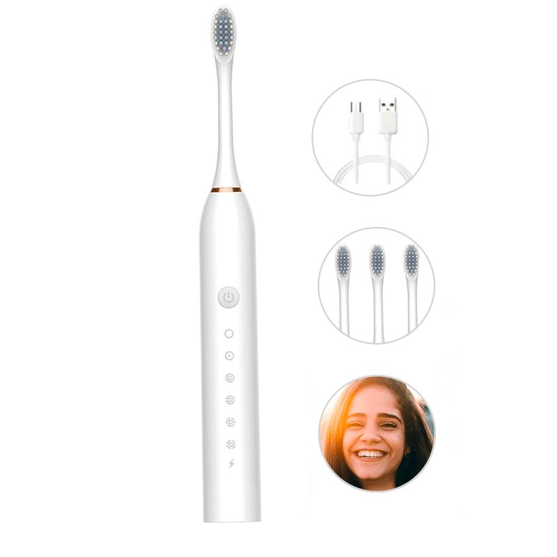 GENERICO - Cepillo Dental Electrico Recargable 4 Cabezales Blanco