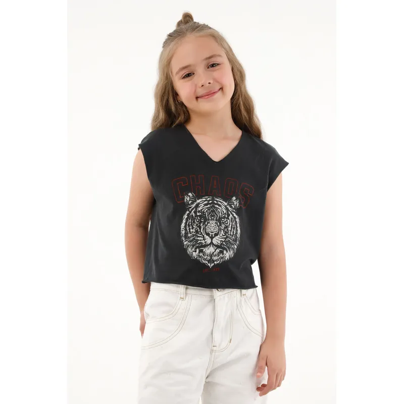 TENNIS - Camiseta negra con estampado de tigre para niña