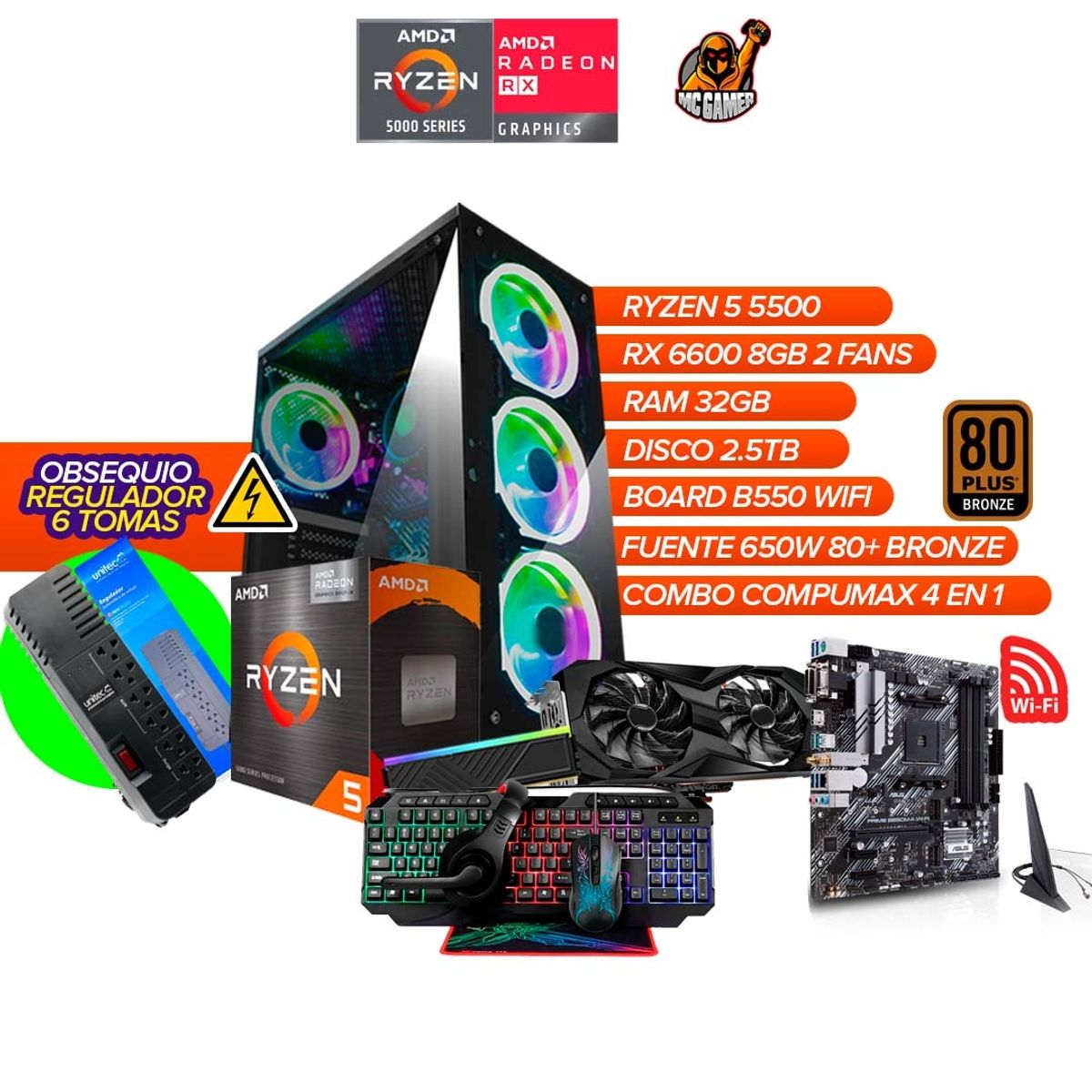 AMD - PC Gamer Ryzen 5 5500/RX 6600 8GB/ 32GB RAM/ 2.5TB/ B550 WIFI / 650W Bronze