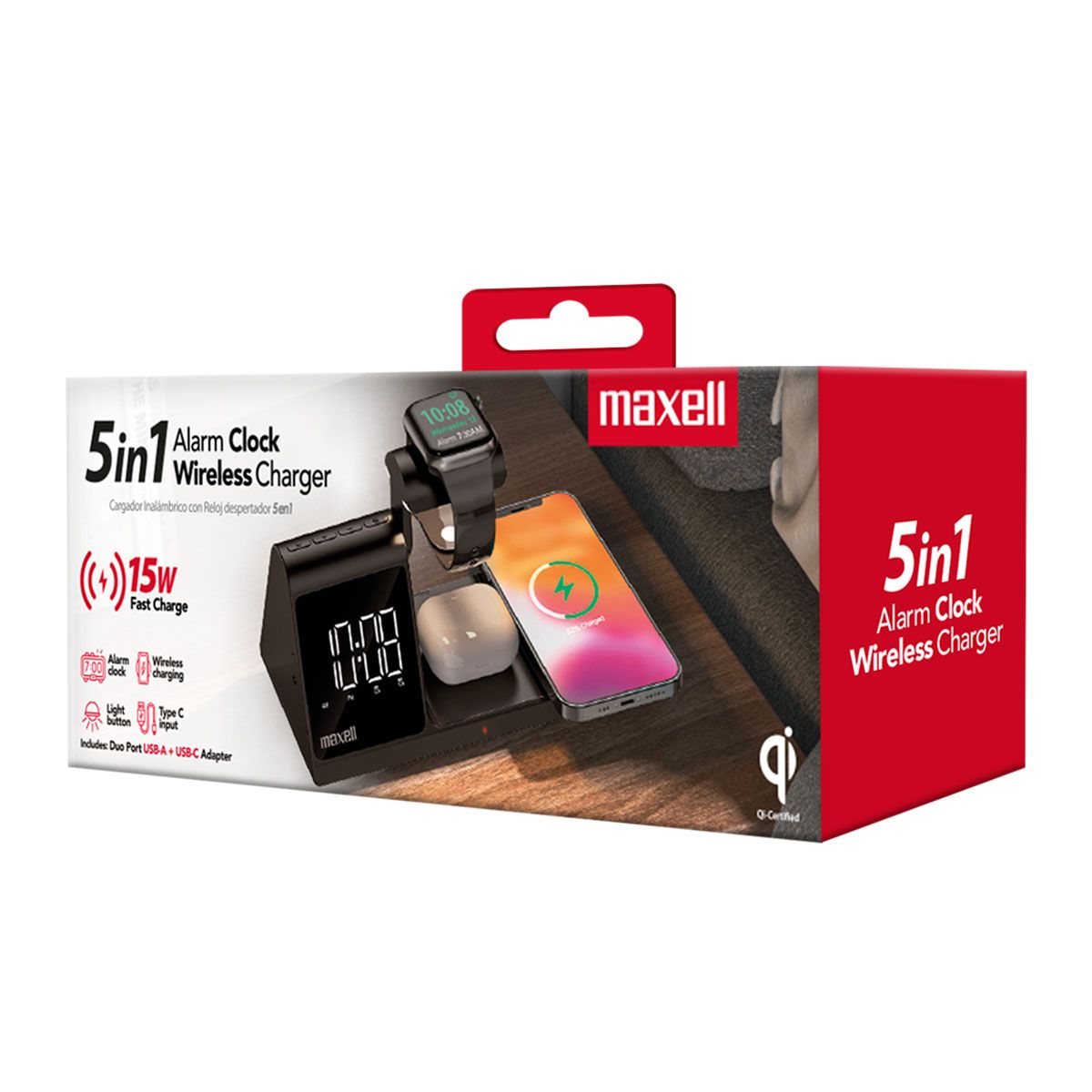 MAXELL - Cargador Inalám 5 En 1 Maxell Con Reloj Qiac315 Usb A - Usbc