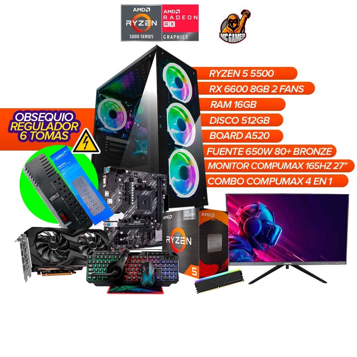 AMD - PC Gamer Ryzen 5 5500/ RX 6600 8GB/ 16GB RAM / 512GB / A520 /650W BRZ+ Monitor