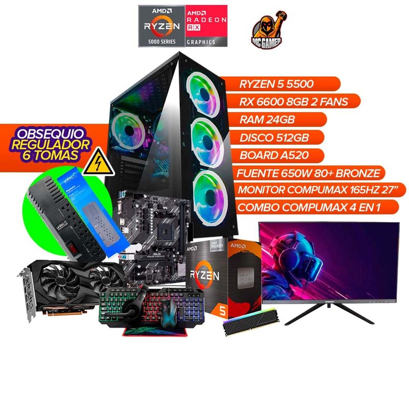 AMD - PC Gamer Ryzen 5 5500/ RX 6600 8GB/ 24GB RAM / 512GB / A520 /650W BRZ+ Monitor